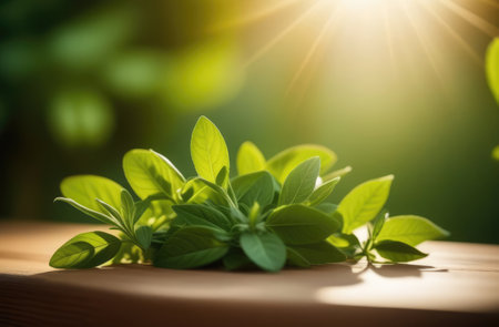 Bunch of green leaves are on table. Leaves are fresh and vibrant, and they seem to be in the sun. Sunlight is shining on leaves, making them look even more beautiful and lively. Copy spaceの素材