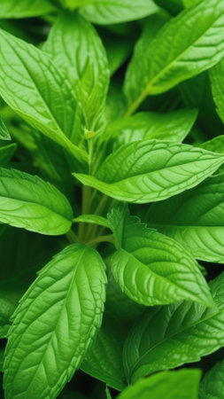 Close up of bunch of green leaves. Leaves are fresh and vibrant, and they are arranged in the way that makes them look like they are growing together. Concept of growth and vitality background. Copy spaceの素材