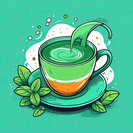 Illustration of cup of green tea with green leaf on top of it Isolated on green background, showing serene moment of relaxation and mindfulness with steaming cup of aromatic tea in tranquil settingの素材