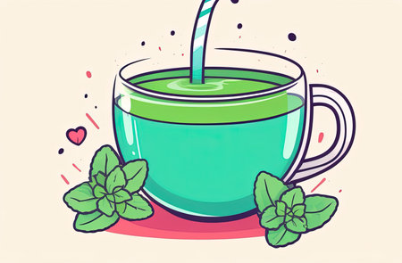 Illustration of cup of green tea with green leaf on top of it Isolated on white background, showing serene moment of relaxation and mindfulness with steaming cup of aromatic tea in tranquil settingの素材