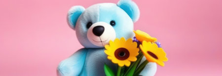 Teddy bear is holding bouquet of flowers isolated on pastel background. Concept of birthday and warmth, affection as teddy bear is symbol of love and comfort. Flowers add touch of beauty, colorの素材