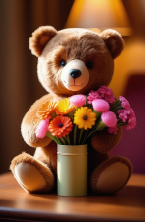 Teddy bear is holding bouquet of flowers isolated on pastel background. Concept of birthday and warmth, affection as teddy bear is symbol of love and comfort. Flowers add touch of beauty, colorの素材