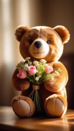 Teddy bear is holding bouquet of flowers isolated on pastel background. Concept of birthday and warmth, affection as teddy bear is symbol of love and comfort. Flowers add touch of beauty, colorの素材