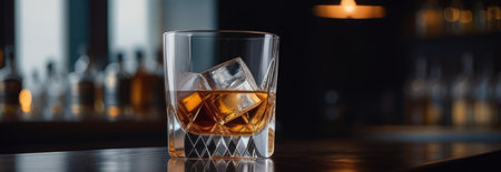 Glasses of whiskey with ice cubes in them on top of bar table next to a bottle, perfectly chilled and ready to enjoy. Night club background decoration mock up, bar drinking menu, advertising, bannerの素材