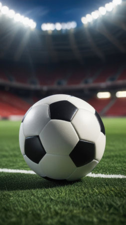 Soccer ball rests on grass of green field in front of majestic lit up, creating an exciting atmosphere stadium. Scene captures essence of game, ready for action, excitement. Advertising, banner, printの素材