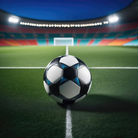 Soccer ball rests on grass of green field in front of majestic lit up, creating an exciting atmosphere stadium. Scene captures essence of game, ready for action, excitement. Advertising, banner, printの素材