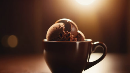 Cup of coffee topped with creamy ice cream and decadent chocolate, set against dark background. For advertising, banner, relaxation, lifestyle, menu, dessert, culinary cafe themed content. Copy spaceの素材