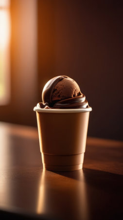 Combines elements of coffee cup, ice cream, chocolate creating visually appealing luxurious image against dark backdrop. For advertising, banner, menu, dessert, cafe themed content. Copy spaceの素材