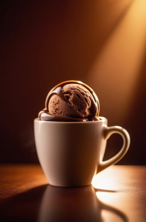 Delicious cup of ice cream sits on table in front of window, basking in natural light. For advertising, banner, relaxation, lifestyle, menu, food, dessert, culinary or cafe themed content. Copy spaceの素材