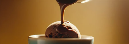 Luxurious and tempting process of pouring rich and creamy chocolate into cup with ice cream, coffee. For advertising, banner, relaxation, menu, dessert, culinary or cafe themed content. Copy spaceの素材