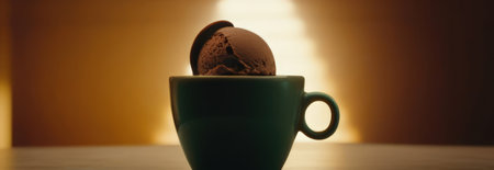 Delicious cup of ice cream sits on table in front of window, basking in natural light. For advertising, banner, relaxation, lifestyle, menu, food, dessert, culinary or cafe themed content. Copy spaceの素材
