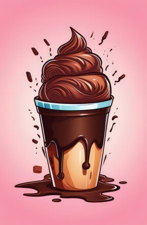 Delicious chocolate ice cream coffee dessert served in cup on pastel background, ready to be enjoyed. For advertising, banner, relaxation, menu, dessert, culinary or cafe themed content. Copy spaceの素材