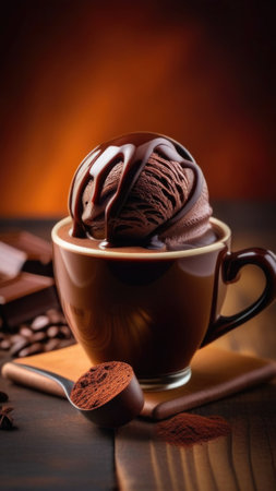 Combines elements of coffee cup, ice cream, chocolate creating visually appealing luxurious image against dark backdrop. For advertising, banner, menu, dessert, cafe themed content. Copy spaceの素材