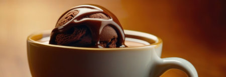 Cup of coffee topped with creamy ice cream and decadent chocolate, set against dark background. For advertising, banner, relaxation, lifestyle, menu, dessert, culinary cafe themed content. Copy spaceの素材