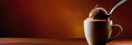 Combines elements of coffee cup, ice cream, chocolate creating visually appealing luxurious image against dark backdrop. For advertising, banner, menu, dessert, cafe themed content. Copy spaceの素材