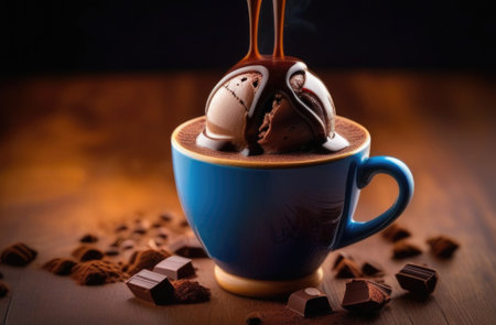 Luxurious and tempting process of pouring rich and creamy chocolate into cup with ice cream, coffee. For advertising, banner, relaxation, menu, dessert, culinary or cafe themed content. Copy spaceの素材