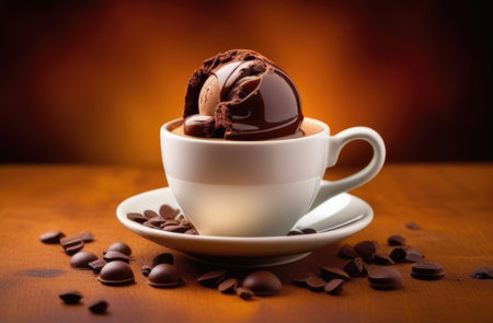 Combines elements of coffee cup, ice cream, chocolate creating visually appealing luxurious image against dark backdrop. For advertising, banner, menu, dessert, cafe themed content. Copy spaceの素材