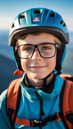 Young boy wearing helmet and glasses stands confidently before towering mountain backdrop ready for adventure and exploration. He may be gearing up for bicycle ride or some other outdoor activityの素材