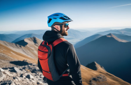 Man wearing helmet and sunglasses glasses stands confidently before towering mountain backdrop ready for adventure, exploration. He may be gearing up for bicycle ride, some other outdoor activityの素材