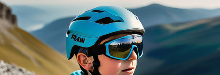 Young boy wearing helmet and sunglasses glasses stands confidently before towering mountain backdrop ready for adventure, exploration. He may be gearing up for bicycle ride, other outdoor activityの素材