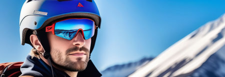 Man wearing helmet and sunglasses glasses stands confidently before towering mountain backdrop ready for adventure, exploration. He may be gearing up for bicycle ride, some other outdoor activityの素材