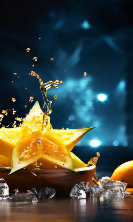 Dessert with star of carambola on top, bunch of fruit on side. For online cooking tutorials, food delivery apps, virtual cooking classes, digital restaurant menus, various contexts such as food blogsの素材