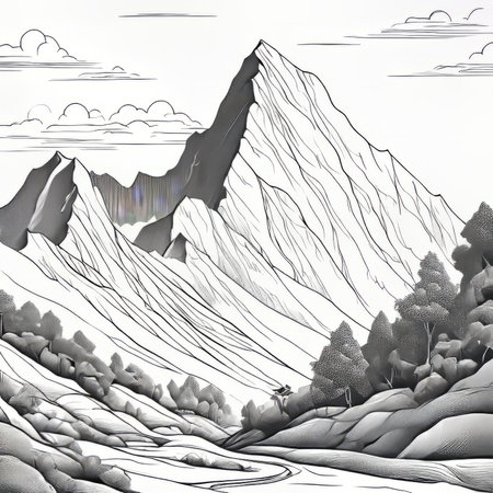 Serene black, white painting capturing majestic Nepal mountains, lush trees in harmonious contrast. Logo design for outdoor adventure travel agency, nature themed website, social media banner, printの素材