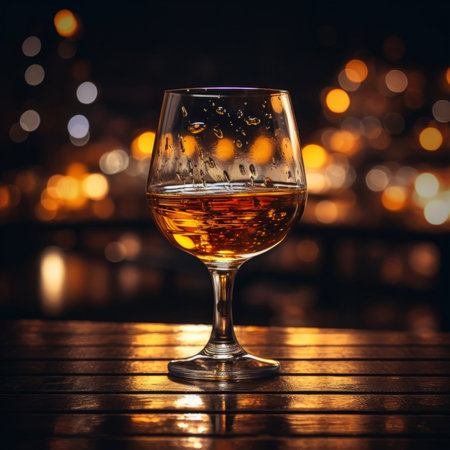 Glasses of whiskey with ice cubes in them on top of bar table next to a bottle, perfectly chilled and ready to enjoy. Night club background decoration mock up, bar drinking menu, advertising, bannerの素材