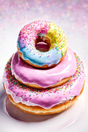 Vibrant assortment of colorful donuts stacked on plate, tempting, delicious treats. For advertise cafe, pastry shop, bakery, to promote sweets on social media, advertising campaigns, banner, menuの素材