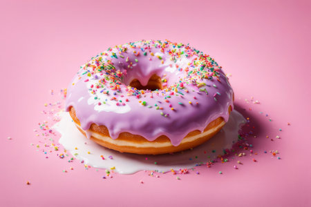 Delicious purple donut topped with colorful sprinkles on vibrant pink background. For advertise cafe, pastry shop, bakery, promote sweets, baked goods on social networks, on website, in menu, bannerの素材
