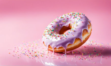 Appetizing donut adorned with a variety of colorful sprinkles, on serene pink backdrop, enticing with its tempting appearance. For advertising campaigns, menus, social media platforms, culinary bookの素材