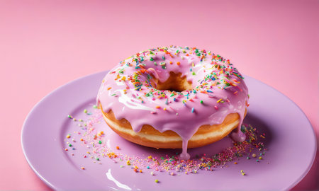 Delicious donut with colorful sprinkles sweet icing on plate. For promoting cafe, bakery, pastry shop, creating advertisements in food, gastronomy industry, culinary book, magazine, food blog, bannerの素材