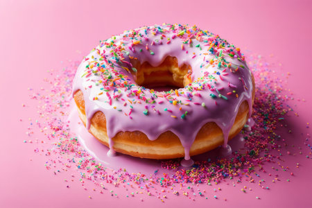 Colorful donut covered in sprinkles, set against vibrant pink background. For bakery website, dessert advertisements, cafe, restaurant menu, on food blog, social media, culinary book, magazine. bannerの素材