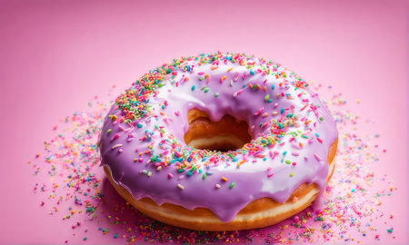 Delicious purple donut topped with colorful sprinkles on vibrant pink background. For advertise cafe, pastry shop, bakery, promote sweets, baked goods on social networks, on website, in menu, bannerの素材