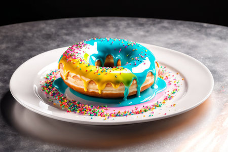 Delicious glazed donut topped with colorful sprinkles on white plate. For advertise cafe, bakery, confectionery, promote sweets, desserts on social network, on restaurant menu, on website, bannerの素材