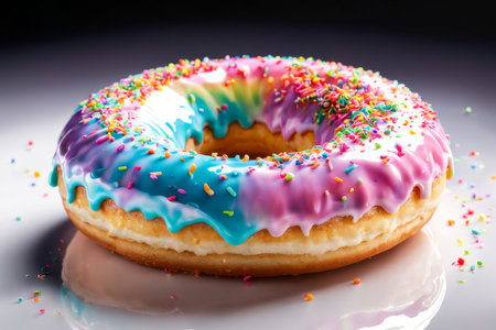 Appetizing donut adorned with a variety of colorful sprinkles, on serene pink backdrop, enticing with its tempting appearance. For advertising campaigns, menus, social media platforms, culinary bookの素材
