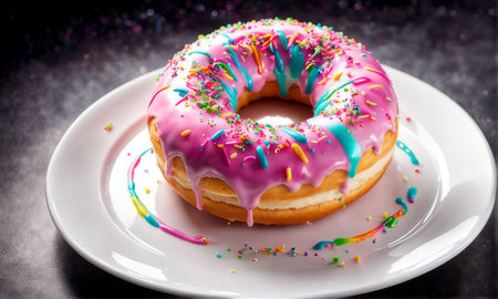 Mouthwatering donut with shiny glaze adorned with a variety of vibrant sprinkles on pristine white ceramic plate.For advertise cafe, pastry shop, bakery, to promote sweets, baked goods on social networkの素材