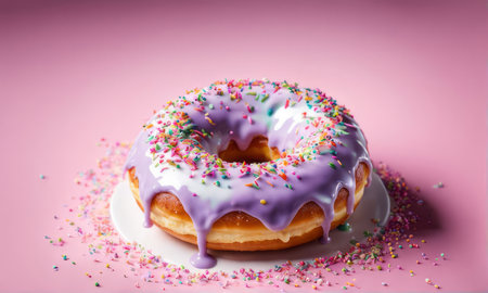Delicious purple donut topped with colorful sprinkles on vibrant pink background. For advertise cafe, pastry shop, bakery, promote sweets, baked goods on social networks, on website, in menu, bannerの素材