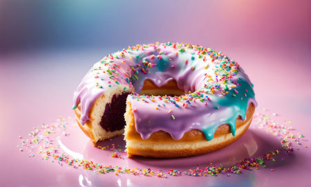 Colorful donut covered in sprinkles, set against vibrant pink background. For bakery website, dessert advertisements, cafe, restaurant menu, on food blog, social media, culinary book, magazine. bannerの素材