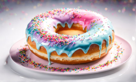 Freshly baked donut topped with generous amount of rainbow-colored sprinkles drizzled with rich sweet icing on pristine white plate. For culinary book, magazine, food blog, social media platformsの素材