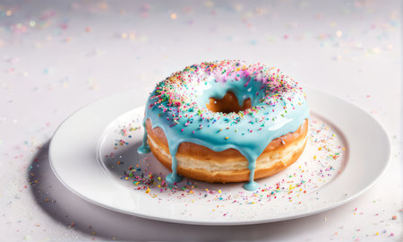 Freshly baked donut topped with generous amount of rainbow-colored sprinkles drizzled with rich sweet icing on pristine white plate. For culinary book, magazine, food blog, social media platformsの素材