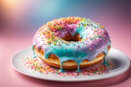 Freshly baked donut topped with generous amount of rainbow-colored sprinkles drizzled with rich sweet icing on pristine white plate. For culinary book, magazine, food blog, social media platformsの素材