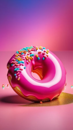 Delicious purple donut topped with colorful sprinkles on vibrant pink background. For advertise cafe, pastry shop, bakery, promote sweets, baked goods on social networks, on website, in menu, bannerの素材