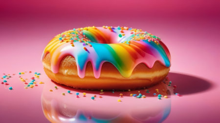 Colorful donut covered in sprinkles, set against vibrant pink background. For bakery website, dessert advertisements, cafe, restaurant menu, on food blog, social media, culinary book, magazine. bannerの素材