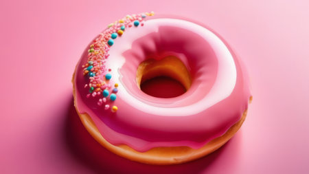 Colorful donut covered in sprinkles, set against vibrant pink background. For bakery website, dessert advertisements, cafe, restaurant menu, on food blog, social media, culinary book, magazine. bannerの素材