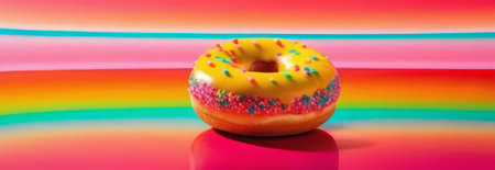 Freshly baked donut topped with generous amount of rainbow-colored sprinkles drizzled with rich sweet icing on colorful background. For culinary book, magazine, food blog, social media platformsの素材