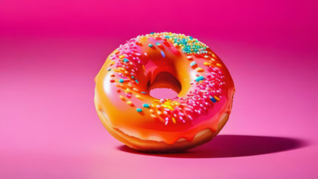 Delicious donut topped with rich chocolate glaze, colorful sprinkles on plate. For promote baked good, confectionery product, cafe, bakery, restaurant, create advertising, menu, banner, blogsの素材