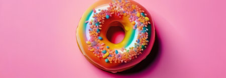 Delicious donut topped with rich chocolate glaze, colorful sprinkles on plate. For promote baked good, confectionery product, cafe, bakery, restaurant, create advertising, menu, banner, blogsの素材