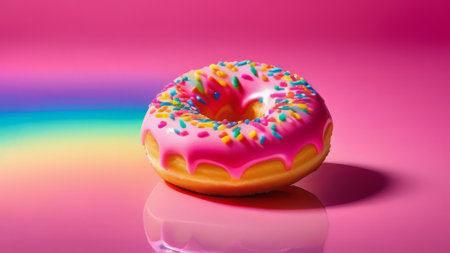 Colorful donut covered in sprinkles, set against vibrant pink background. For bakery website, dessert advertisements, cafe, restaurant menu, on food blog, social media, culinary book, magazine. bannerの素材