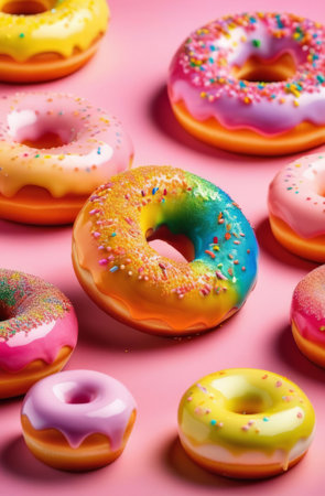 Variety of vibrant glazed donuts displayed on soft pink background, enticing with their colorful toppings, delicious allure. For cafe, pastry shop website, dessert advertisements, restaurant menuの素材